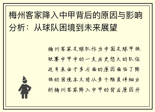 梅州客家降入中甲背后的原因与影响分析：从球队困境到未来展望