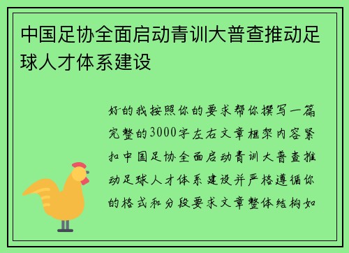 中国足协全面启动青训大普查推动足球人才体系建设