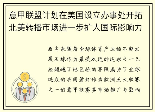 意甲联盟计划在美国设立办事处开拓北美转播市场进一步扩大国际影响力 意甲联盟计划在美国设立办事处开拓北美转播市场进一步扩大国际影响力